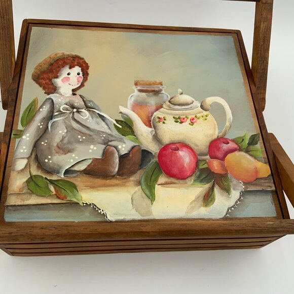 Handmade Vtg Folk Art Wood Sewing Box Carrying Case Hand Painted Cover - Picture 11 of 13